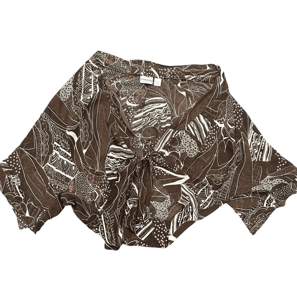 Chico's Womens Brown White Abstract 100% Silk Front Tie Shrug Bolero Size 0 S